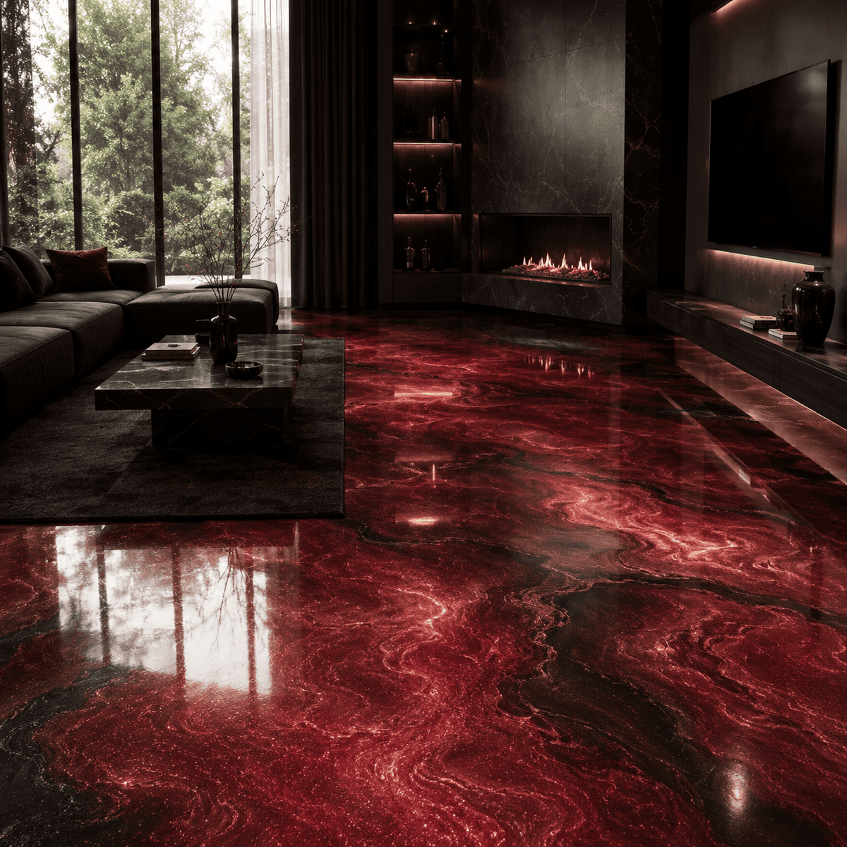 Soulfire UV Metallic-Epoxidharz-Boden mit dramatischer Tiefenwirkung, luxuriöser Marmorstruktur, intensivem Perleffekt, hochglänzender Oberfläche und beeindruckender Spiegelreflexion im exklusiven Designer-Wohnzimmer mit Kamin.