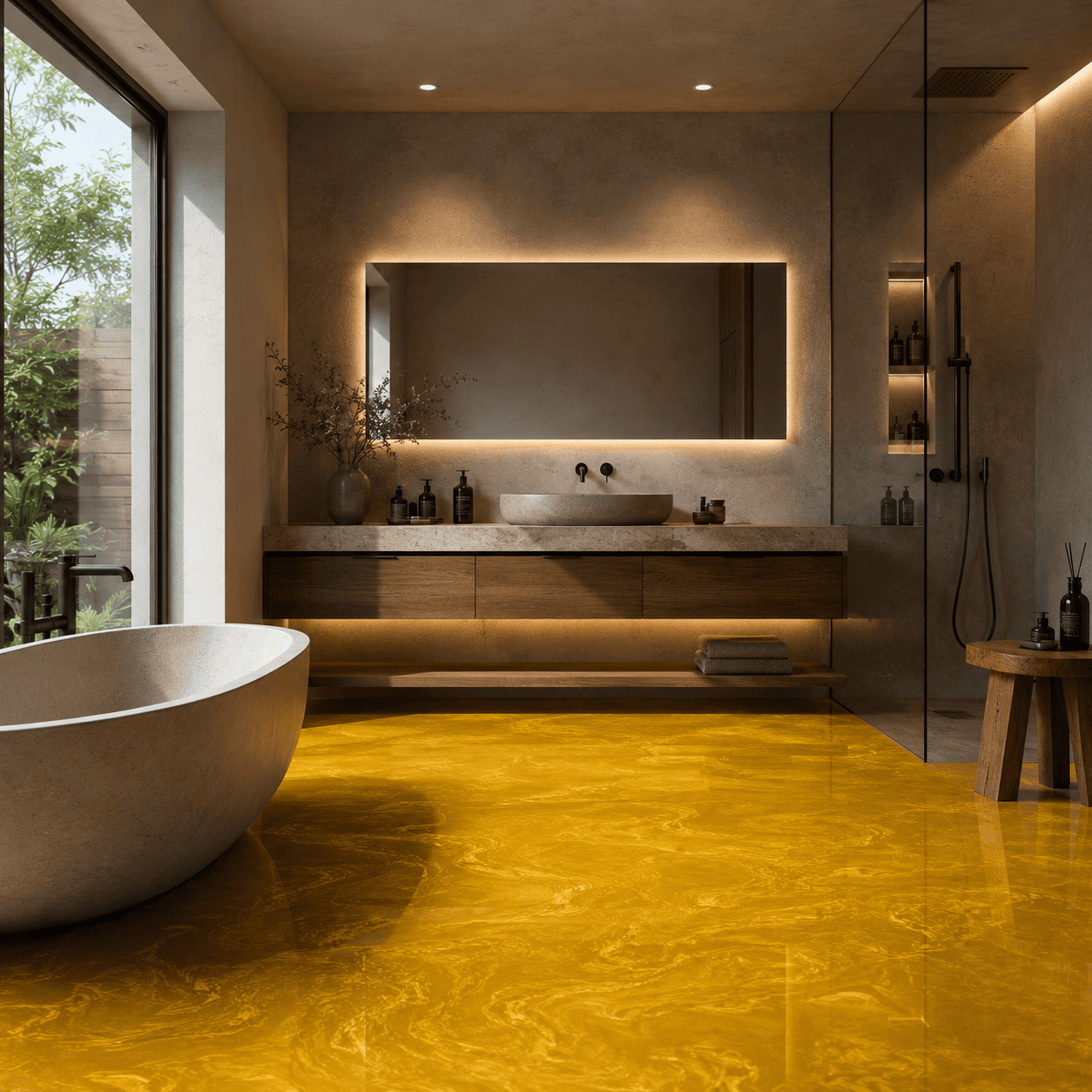Gelbes Badezimmer mit Dusche