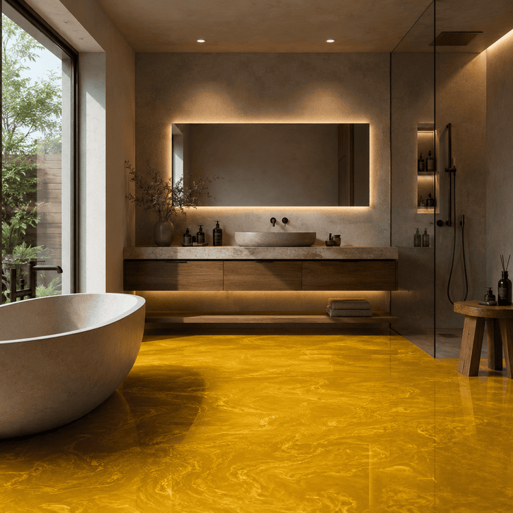Gelbes Badezimmer mit Dusche