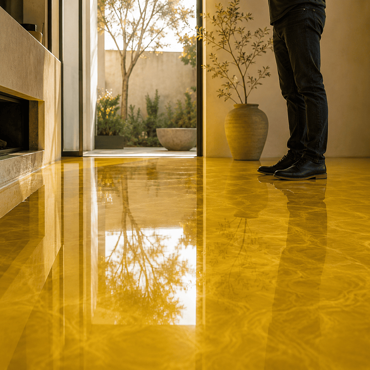 Sonnengelber Metallic-Epoxidharz-Boden mit hochglänzender Marmorstruktur