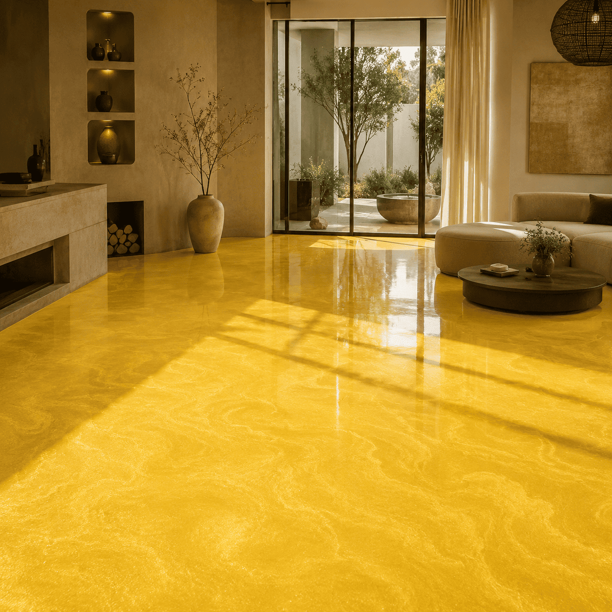 Sonnengelber Metallic-Epoxidharz-Boden im Wohnbereich mit glänzender Marmorstruktur