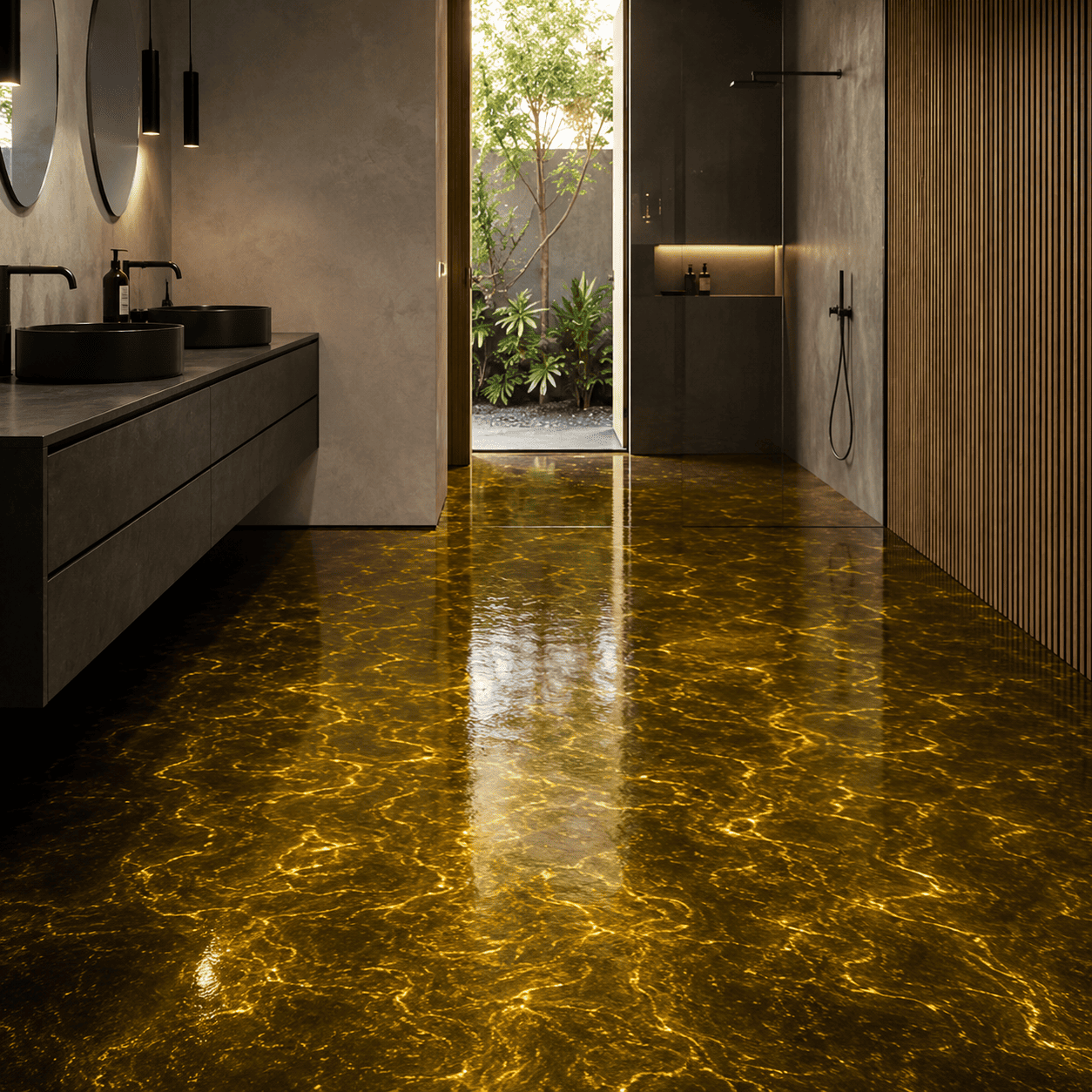 Badezimmer mit einem gelben Boden