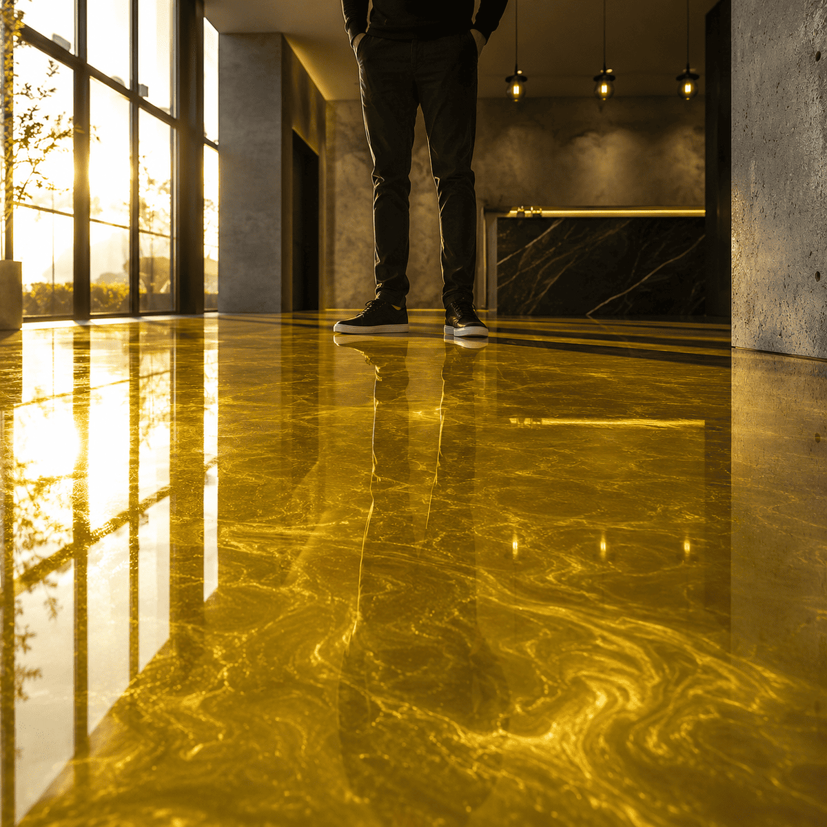 Sunset Gold UV Metallic-Epoxidharz-Boden mit leuchtender Goldoptik, luxuriöser Marmorstruktur, intensivem Perleffekt, hochglänzender Oberfläche und beeindruckender Spiegelreflexion – präsentiert im modernen Innenraum mit außergewöhnlicher Tiefenwirkung.