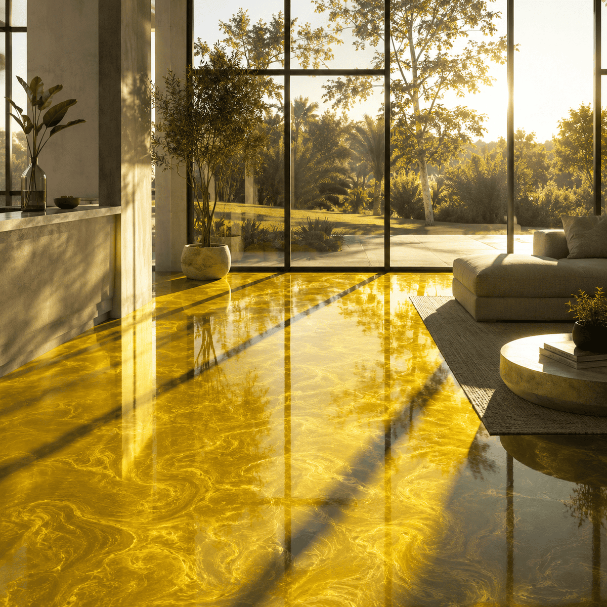 Sunset Gold UV Metallic-Epoxidharz-Boden mit leuchtender Goldoptik, luxuriöser Marmorstruktur, intensivem Perleffekt, hochglänzender Oberfläche und beeindruckender Spiegelreflexion im lichtdurchfluteten modernen Wohnbereich.