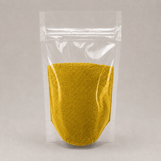 Gelbes Pulver in durchsichtiger Plastik Verpackung
