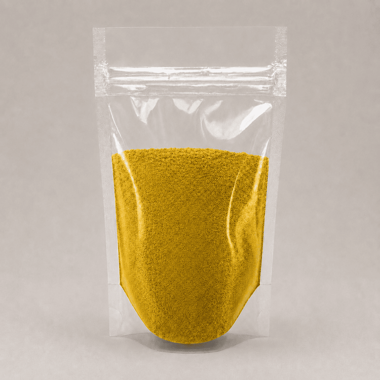 Gelbes Pulver in durchsichtiger Plastik Verpackung