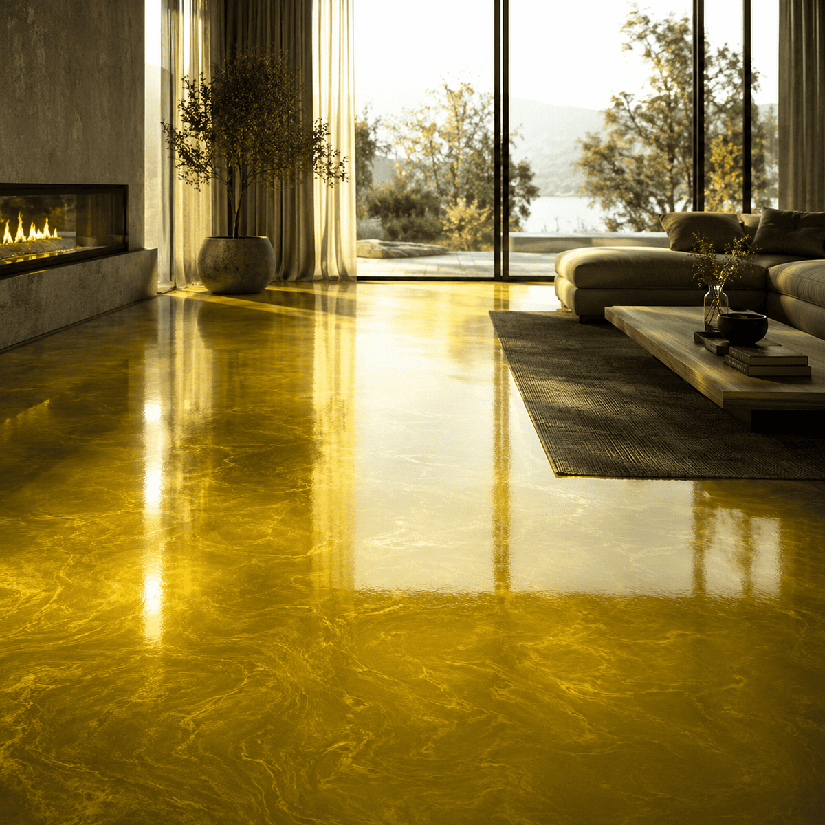 Sunset Gold UV Metallic-Epoxidharz-Boden mit leuchtender Goldoptik, luxuriöser Marmorstruktur, intensivem Perleffekt, hochglänzender Oberfläche und beeindruckender Spiegelreflexion im exklusiven modernen Wohnbereich.