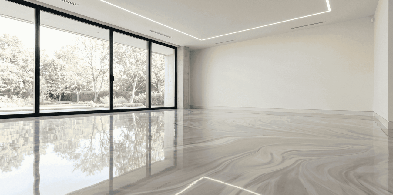 Fugenloser Metallic-Epoxidharz-Boden in heller Marmoroptik mit Hochglanzoberfläche im modernen Wohnbereich.