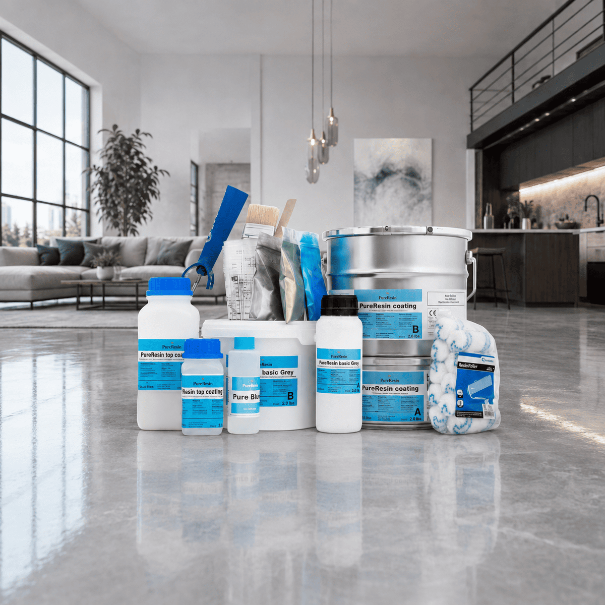 Pure Resin Komplettset mit Epoxidharz, Pigmenten und Werkzeugen auf grauem Epoxidharzboden in modernem Loft.