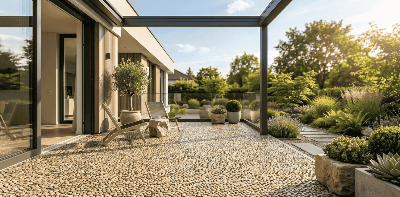 Heller Steinteppich auf einer modernen Terrasse mit Pergola, Sitzbereich und angelegtem Garten.