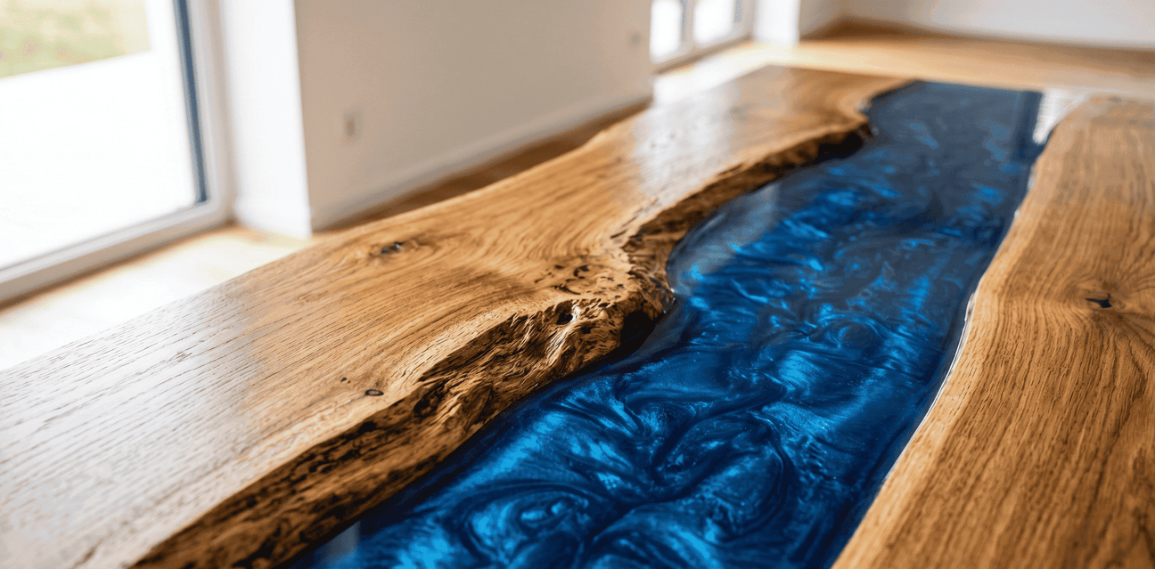 Massivholz-River-Table mit natürlicher Baumkante und blauem Metallic-Epoxidharz in geschwungener Flussoptik.