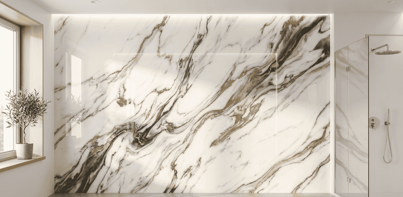 Fugenlose Epoxidharz-Wand in weißer Marmoroptik mit schwarzen und goldenen Adern im modernen Badezimmer mit Dusche.