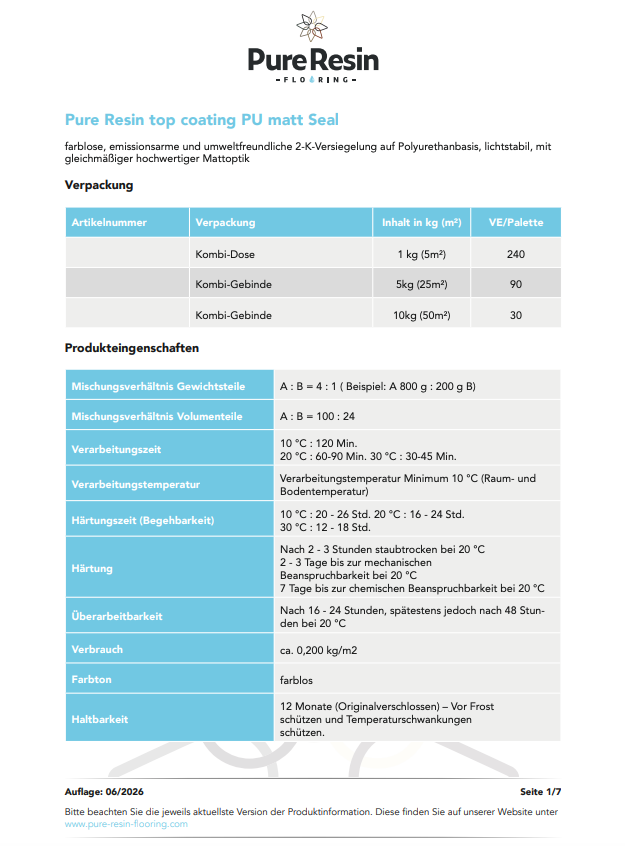 Pure Resin Top Coating Ausschnitt aus dem PDF des Technischen Merkblatts.
