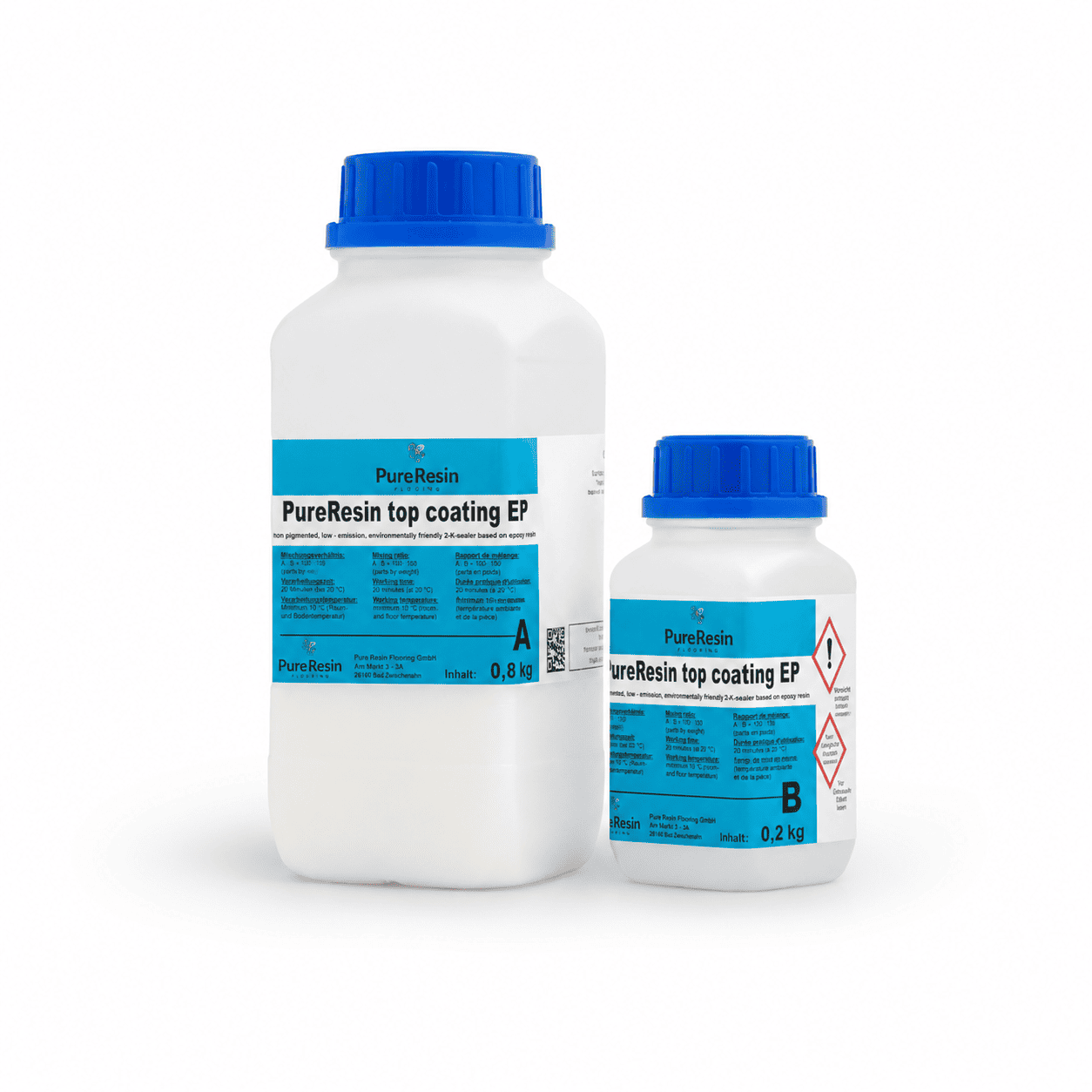 Zwei Epoxidharz Top Coating Flaschen nebeneinander auf weißem Hintergrund