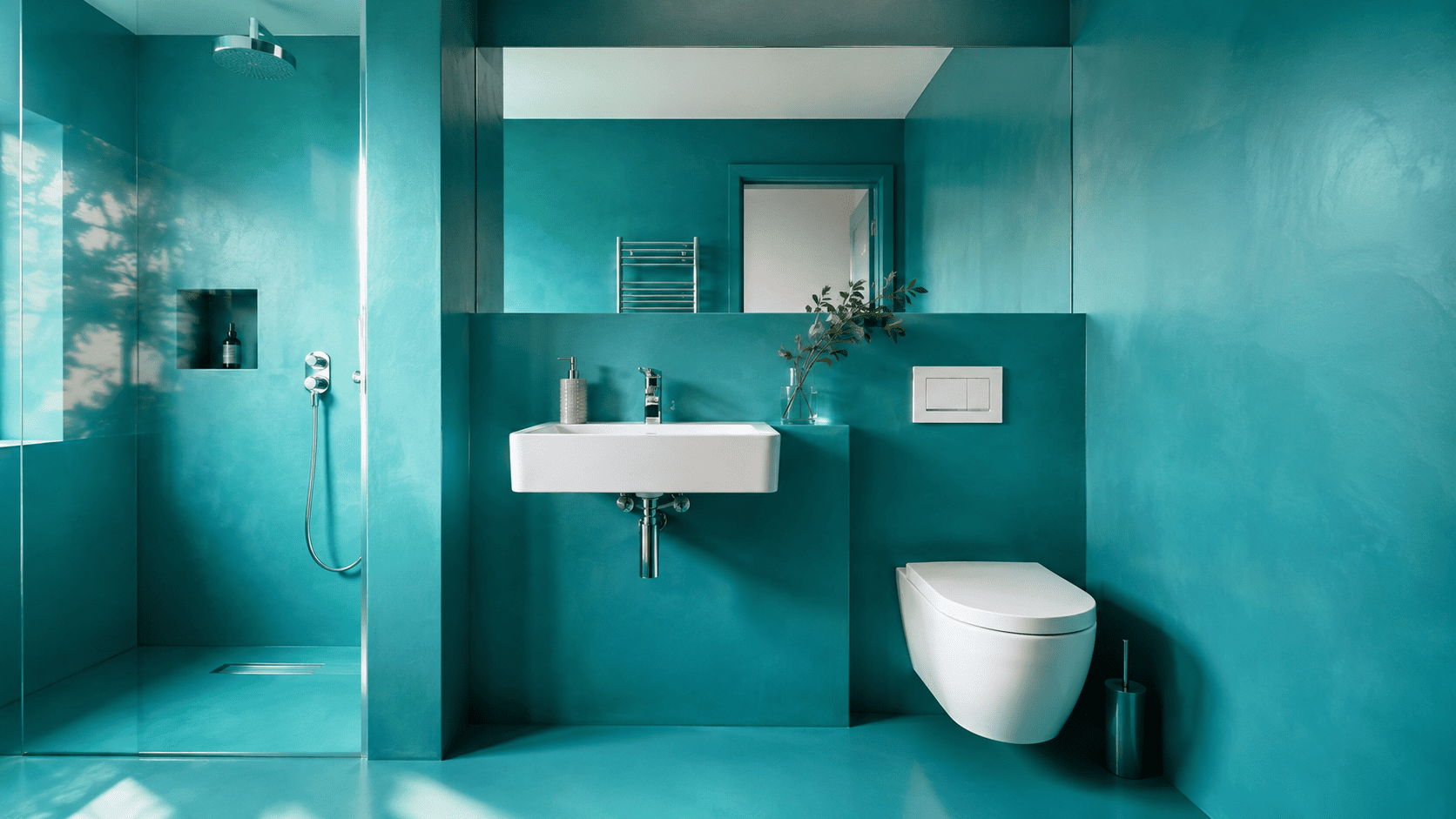 Fugenloses Badezimmer in Türkis mit modernem Designboden, bodengleicher Dusche, weißem Waschbecken und minimalistischer Einrichtung