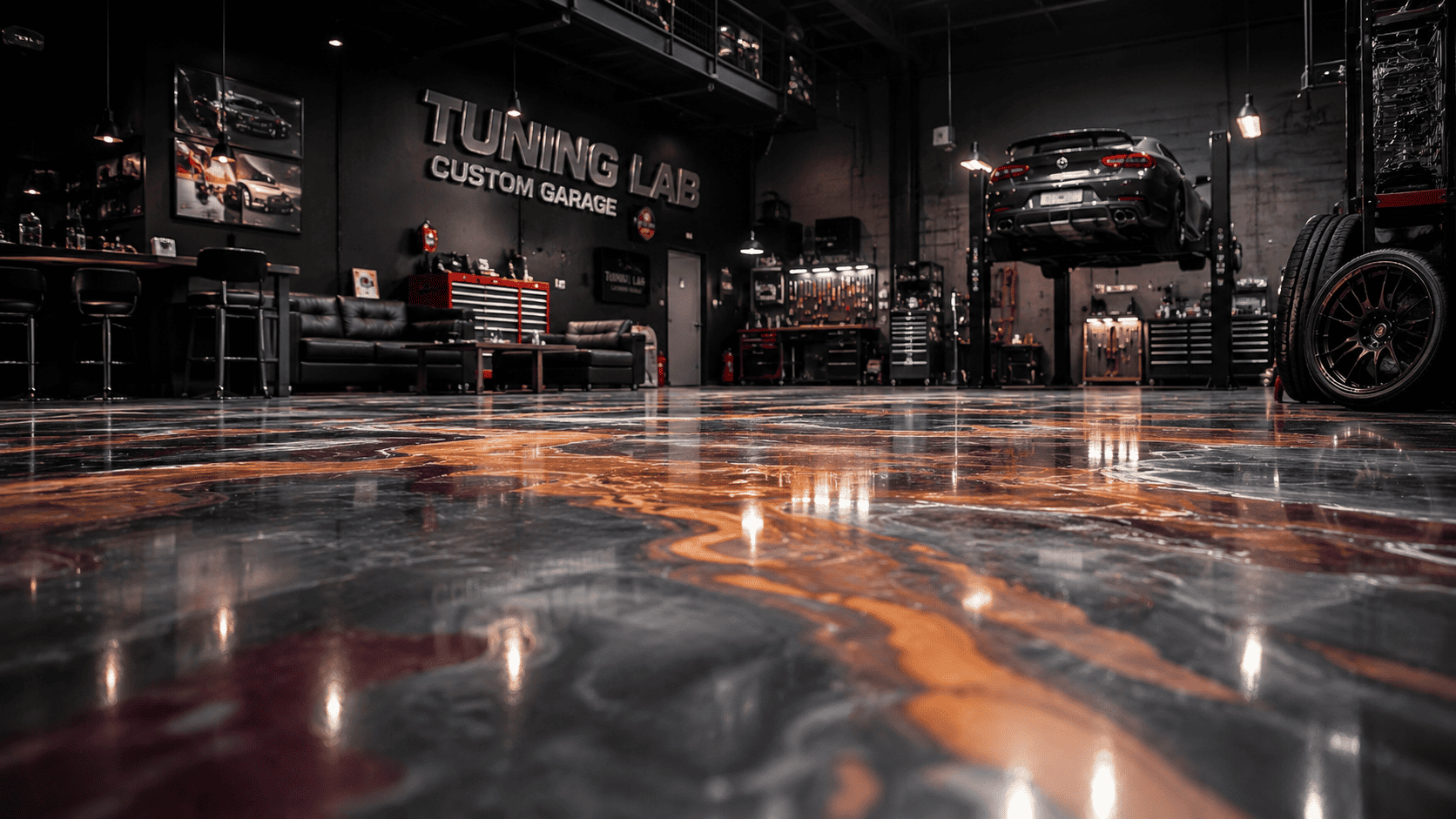 Tuning-Werkstatt mit glänzendem Epoxidharz-Designboden in Schwarz und Orange, Hebebühne und modernem Showroom-Look