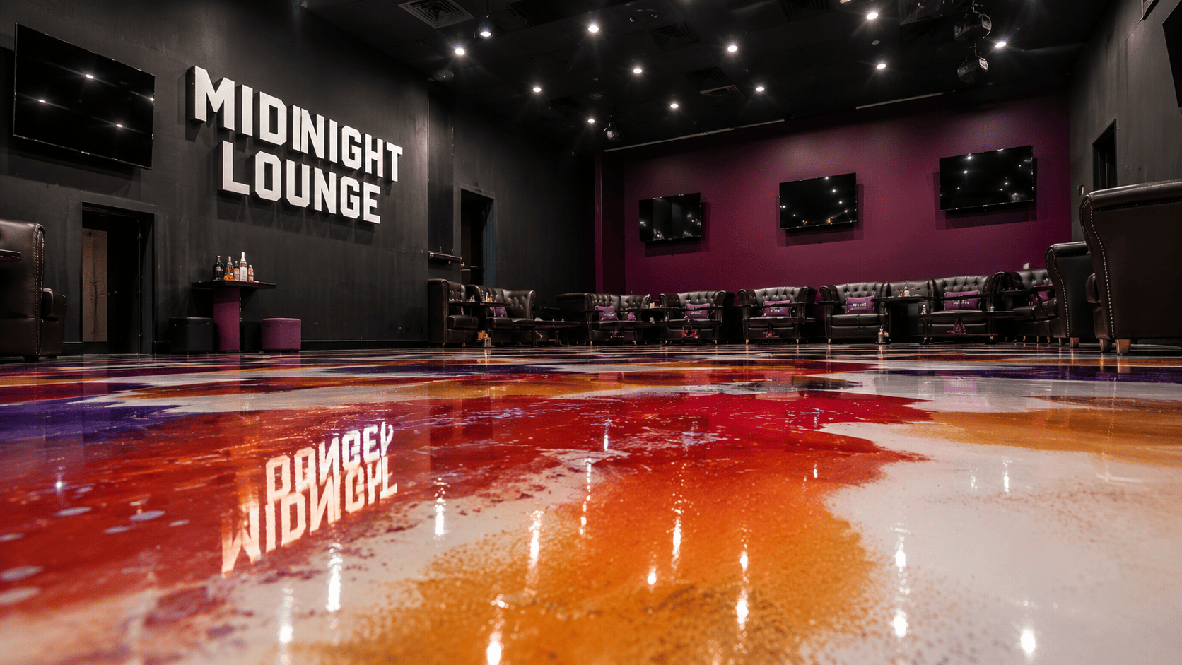 Tuning-Lounge mit glänzendem Epoxidharz-Designboden in Orange, Rot und Violett sowie modernem Showroom- und Lounge-Bereich