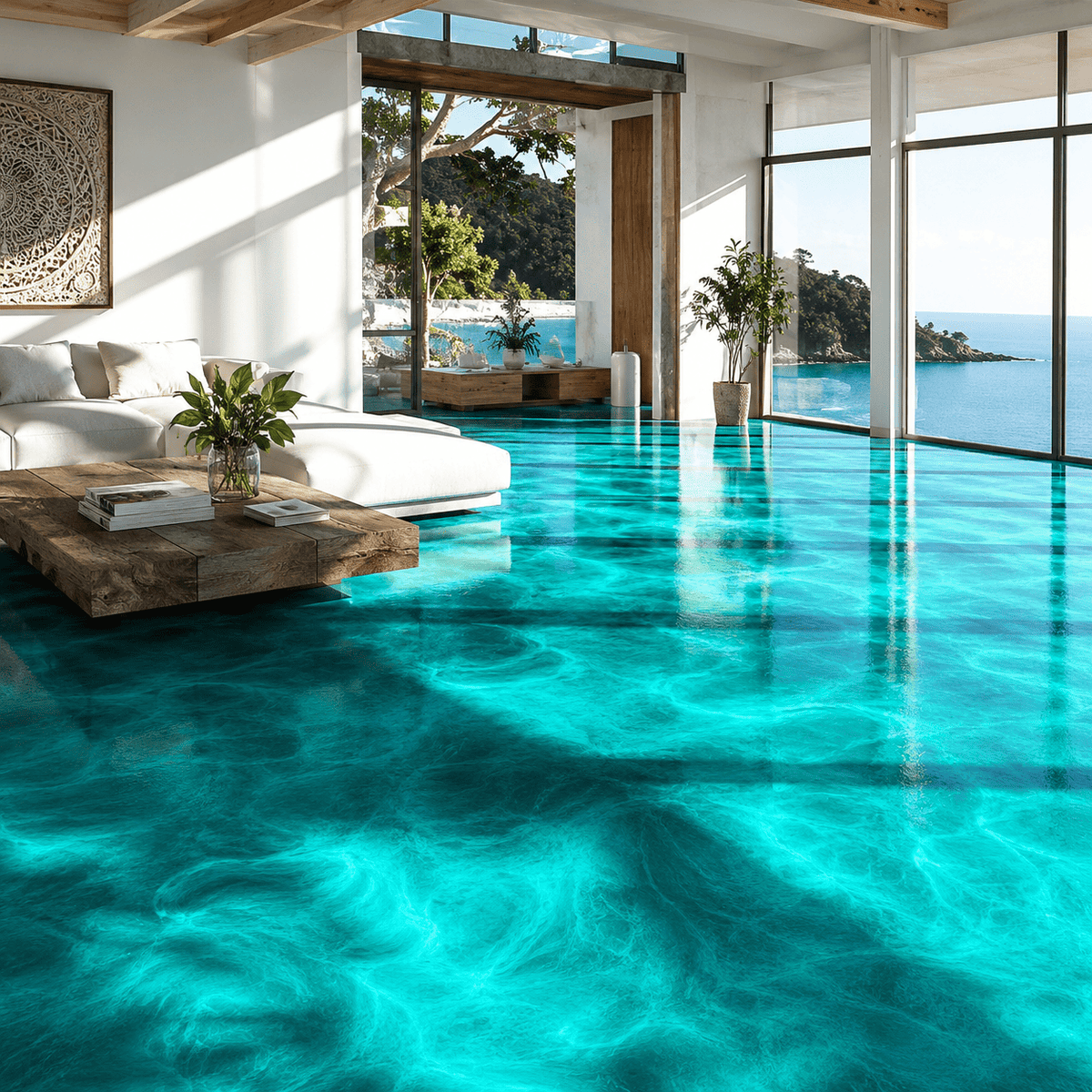 Türkisfarbener Metallic-Epoxidharz-Boden mit hochglänzender Marmorstruktur und Meerwasser-Effekt im modernen Wohnbereich