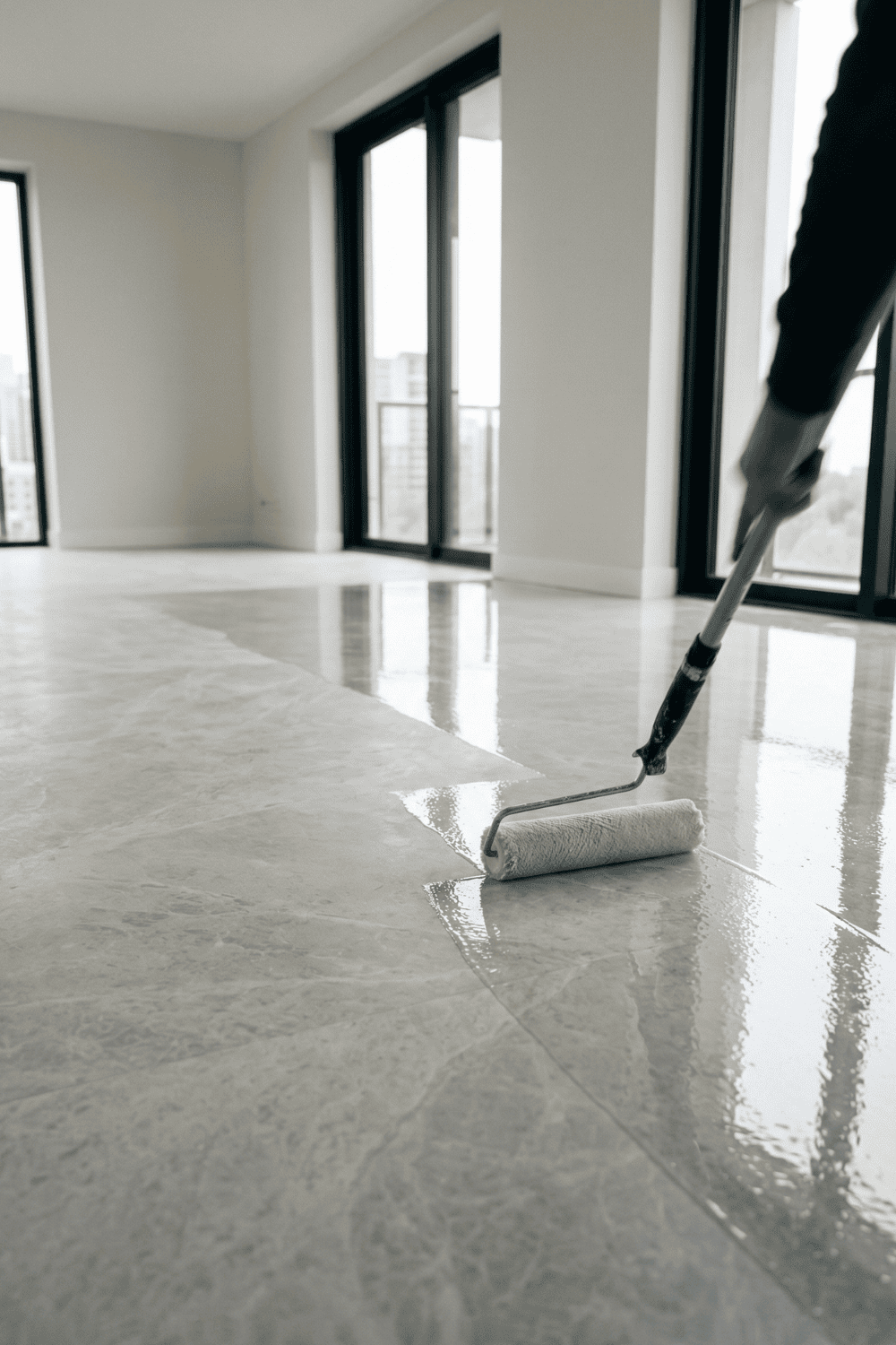 Transparente Epoxidharz-Versiegelung wird mit einer Farbrolle auf einen grauen Metallic-Epoxidharz-Boden für eine langlebige Hochglanzoberfläche aufgetragen.