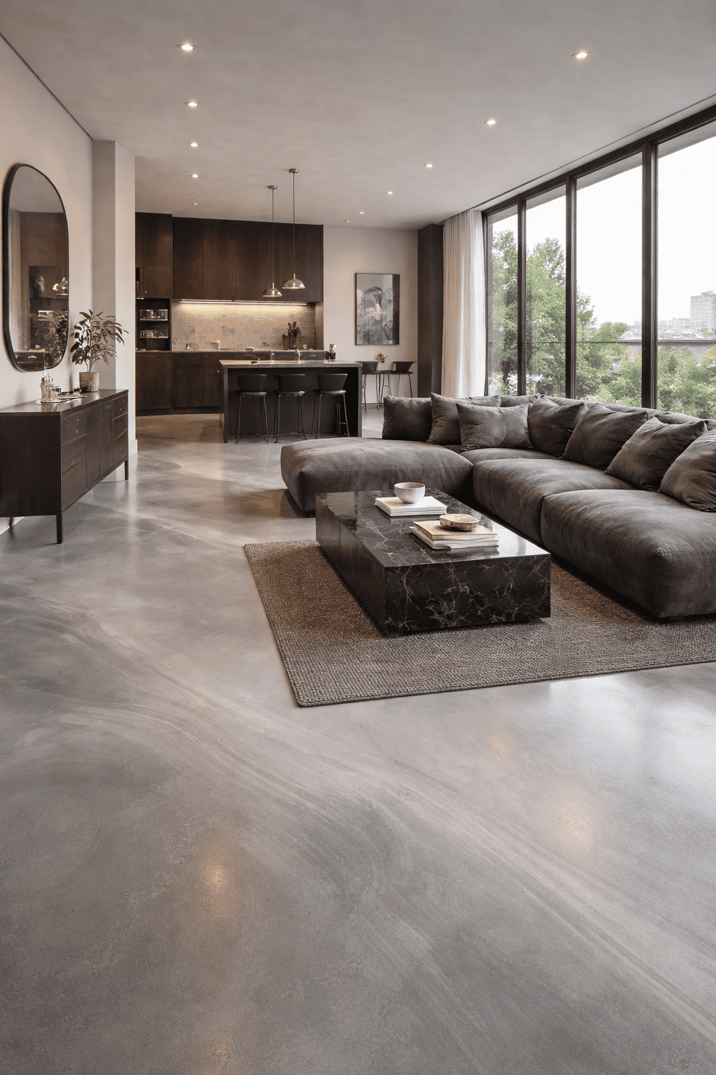 Grauer Metallic-Epoxidharz-Boden mit dezentem Marmoreffekt und fugenloser Oberfläche im modernen Wohn- und Essbereich.