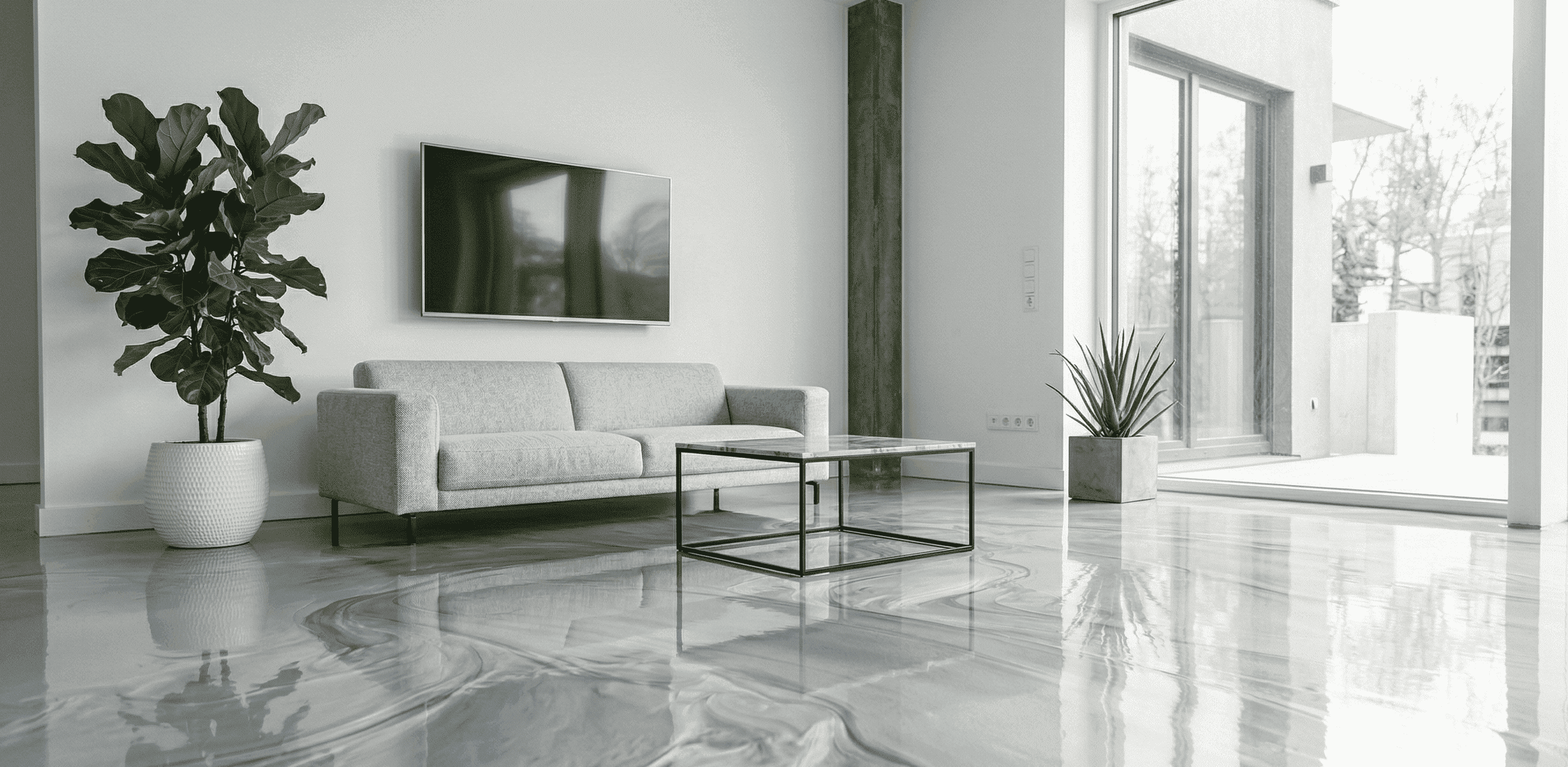 Grauer Metallic-Epoxidharz-Boden mit Marmoreffekt und Hochglanzoberfläche im modern eingerichteten Wohnzimmer.