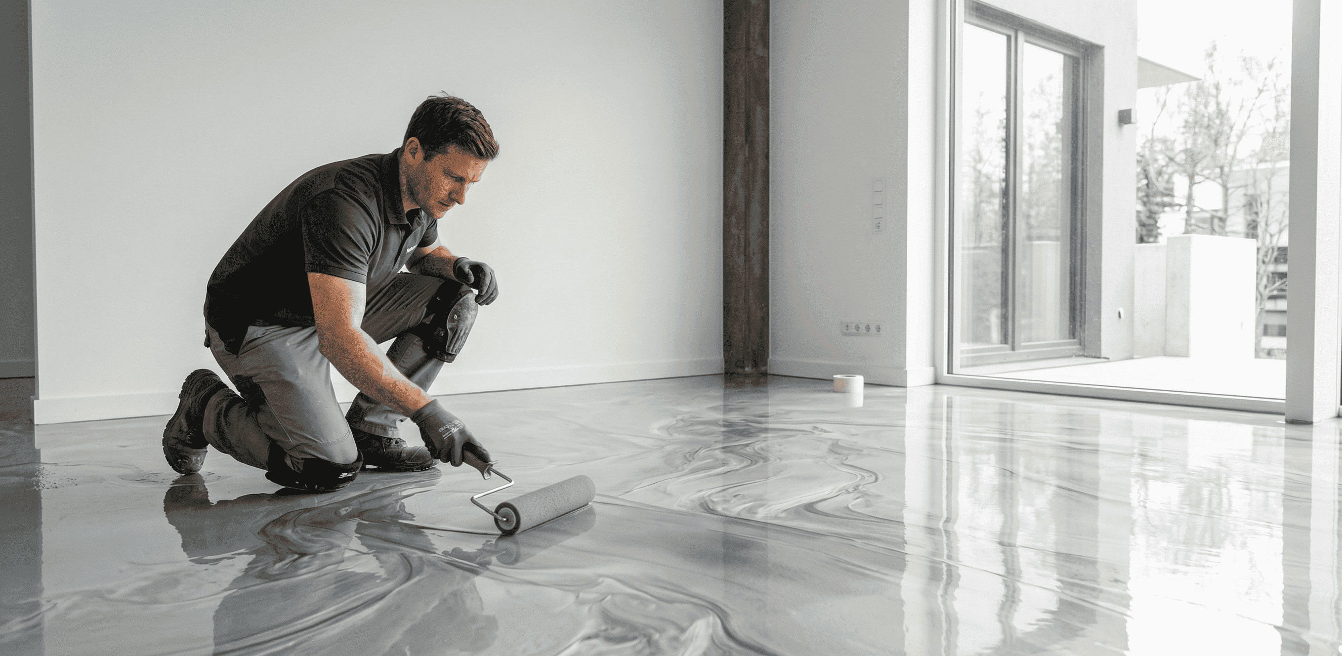 Verarbeitung eines grauen Metallic-Epoxidharz-Bodens mit Rolle im modernen Wohnzimmer während der Bodenbeschichtung.