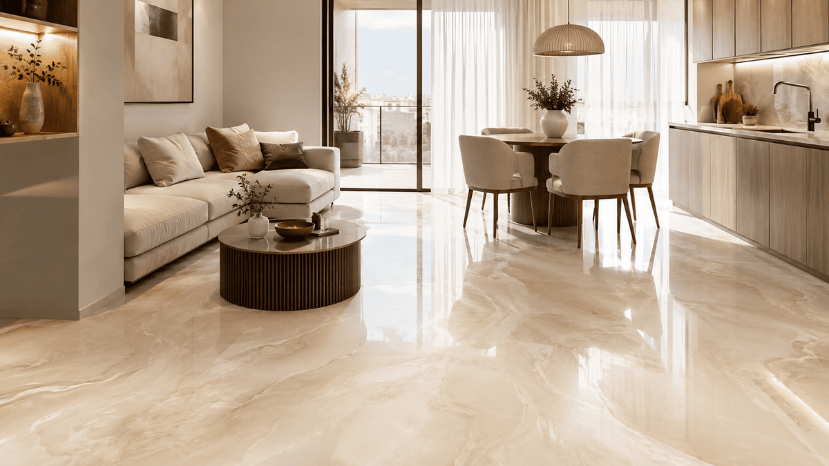 Moderner Wohn- und Essbereich mit fugenlosem Designboden in beige-cremefarbener Marmoroptik und glänzender Oberfläche.